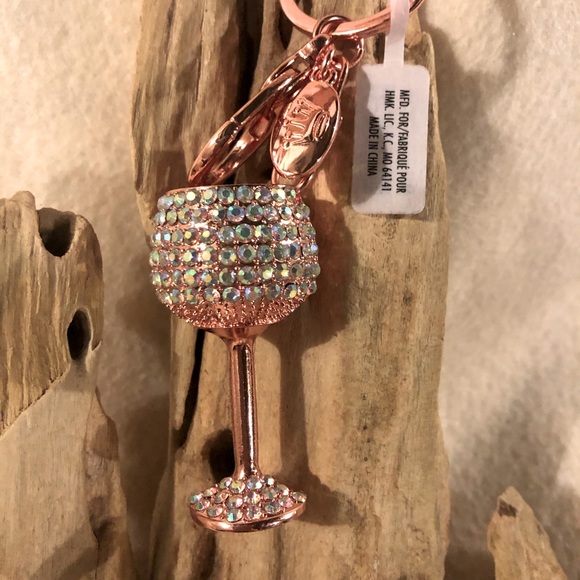 NEW HALLMARK Jeweled Wine Cocktail Glass Rose Gold Key Ring Keychain - Picture 1 of 4